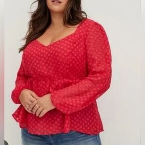 TORRID 2 red Heart Long Sleeve Peplum Feminine Top Elastic Waist